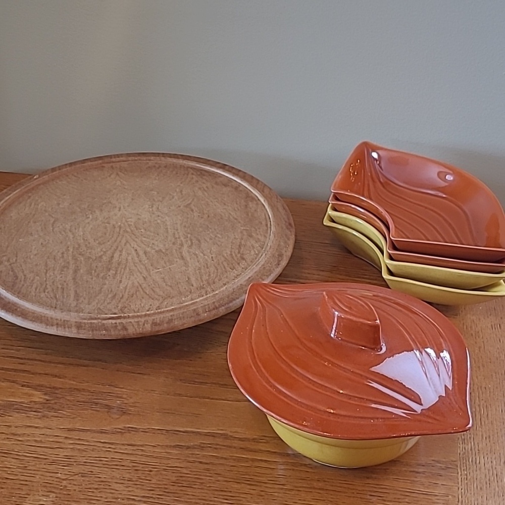 CALIFORNIA POTTERY Vintage MCM Yellow & Burnt Orange Lazy Susan Serving Set - Picture 7 of 17